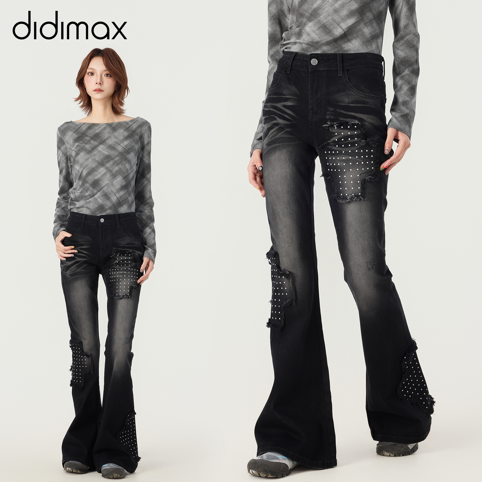 didimax冬季新款黑色微喇牛仔裤 立体十字架图案 泛白做旧W55850