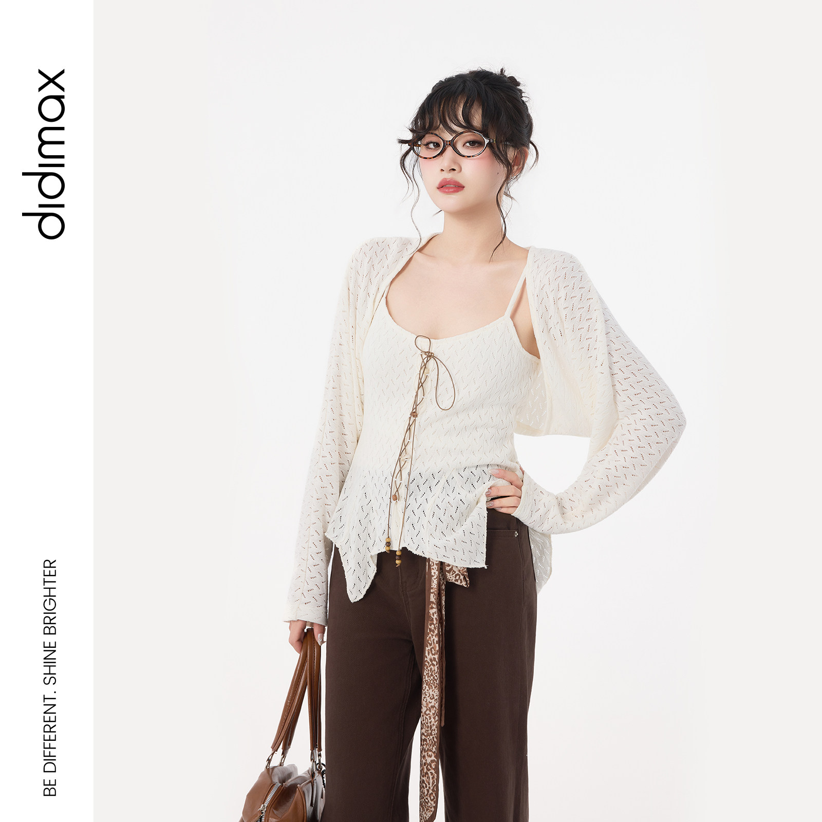 didimax秋季新款米白镂空吊带背心 外搭小外套两件套女上衣Q80087图片