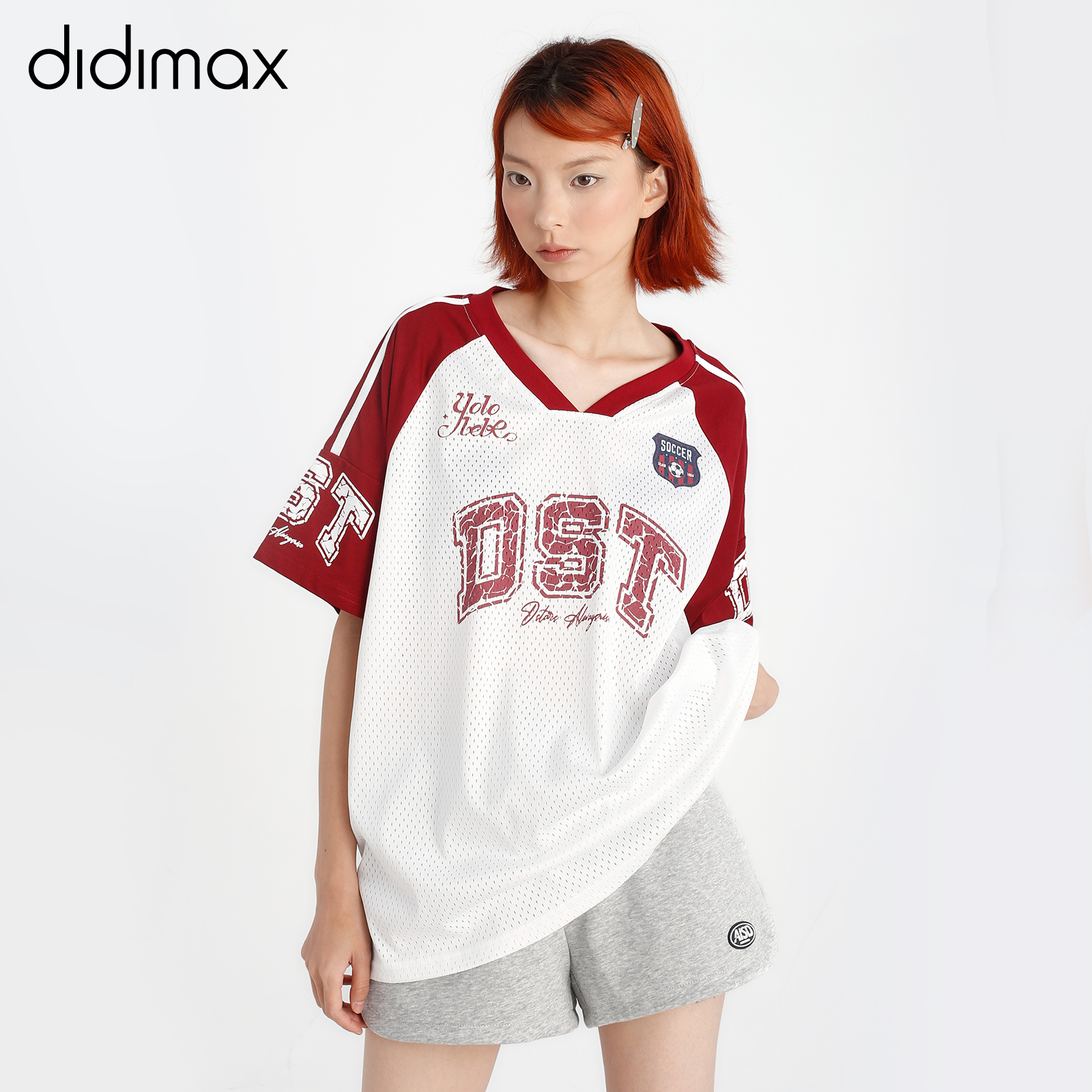 didimax夏季新款美式v领撞色T恤衫短袖红白拼接插肩袖半袖X44549
