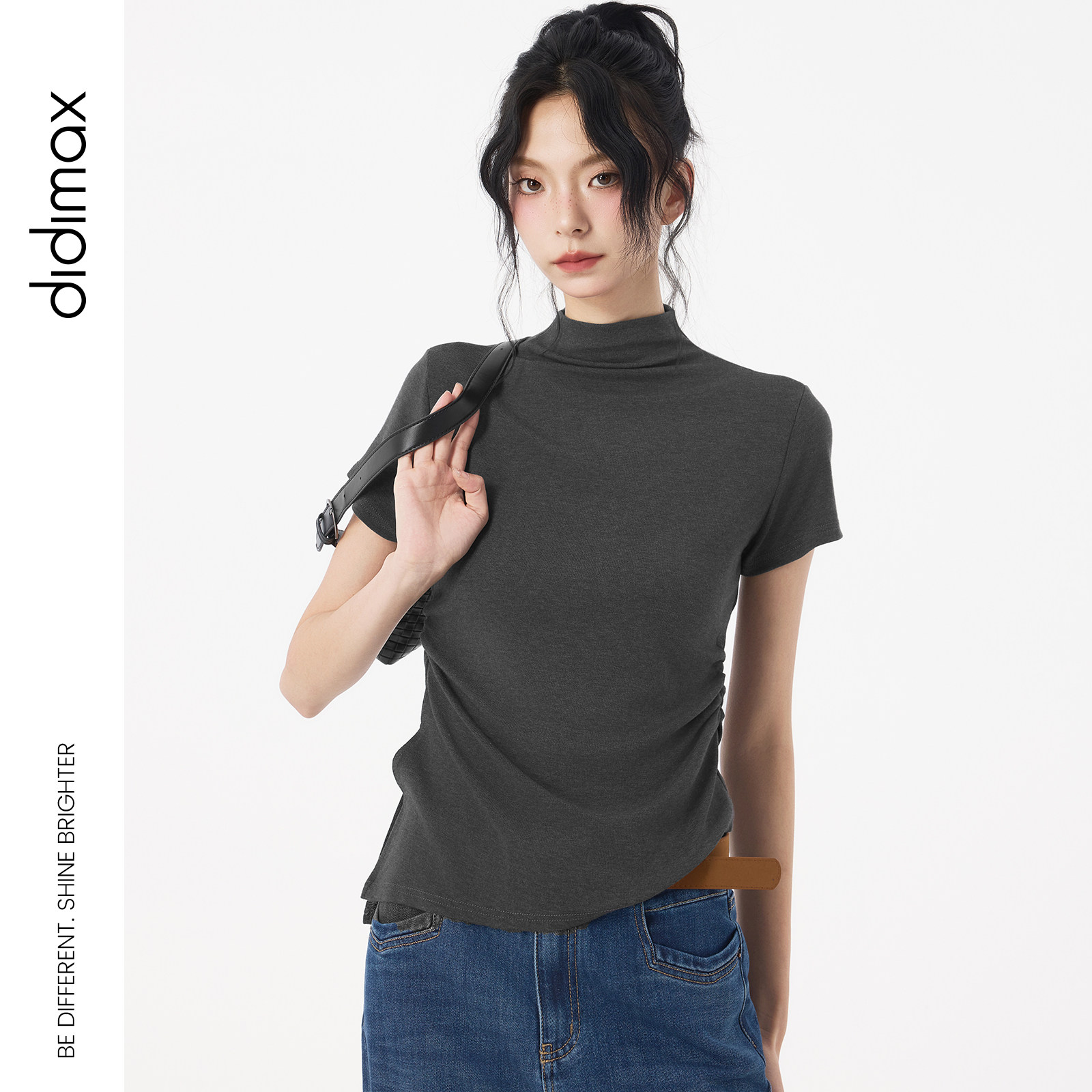 didimax秋季新款立领收腰短袖 灰色T恤不规则下摆上衣女Q40168图片