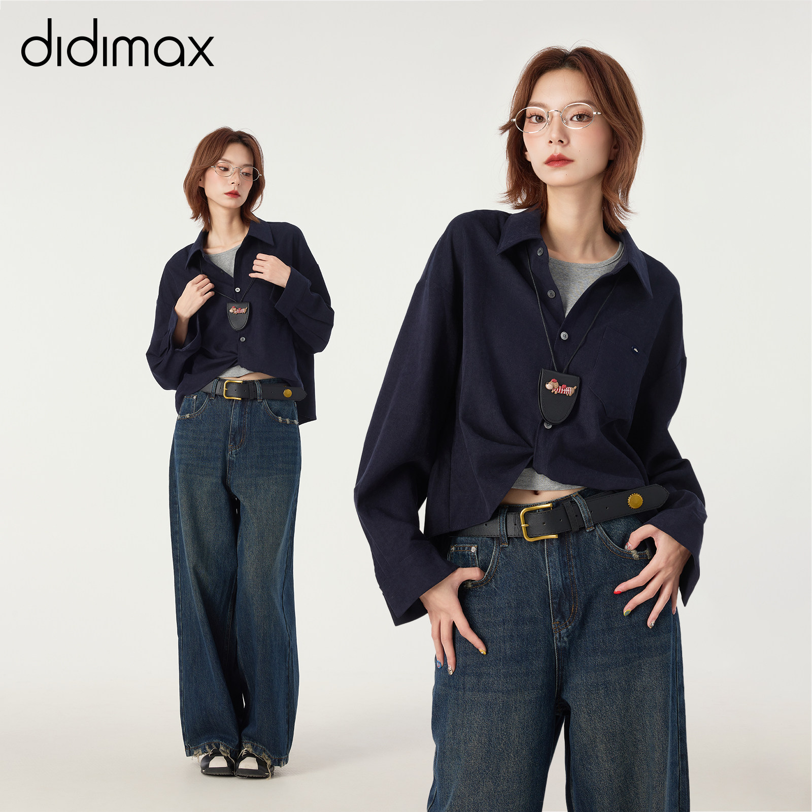 didimax冬季新款真两件衬衫背心 藏青色廓挺知性女上衣W85943