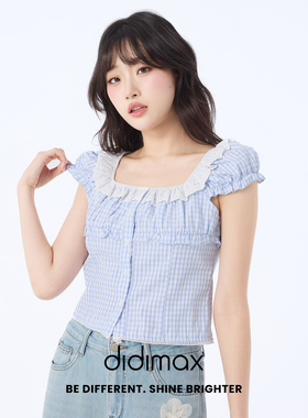 didimax夏季新款蓝色格纹泡泡袖 蕾丝边方领小衫少女风衬衫X49168