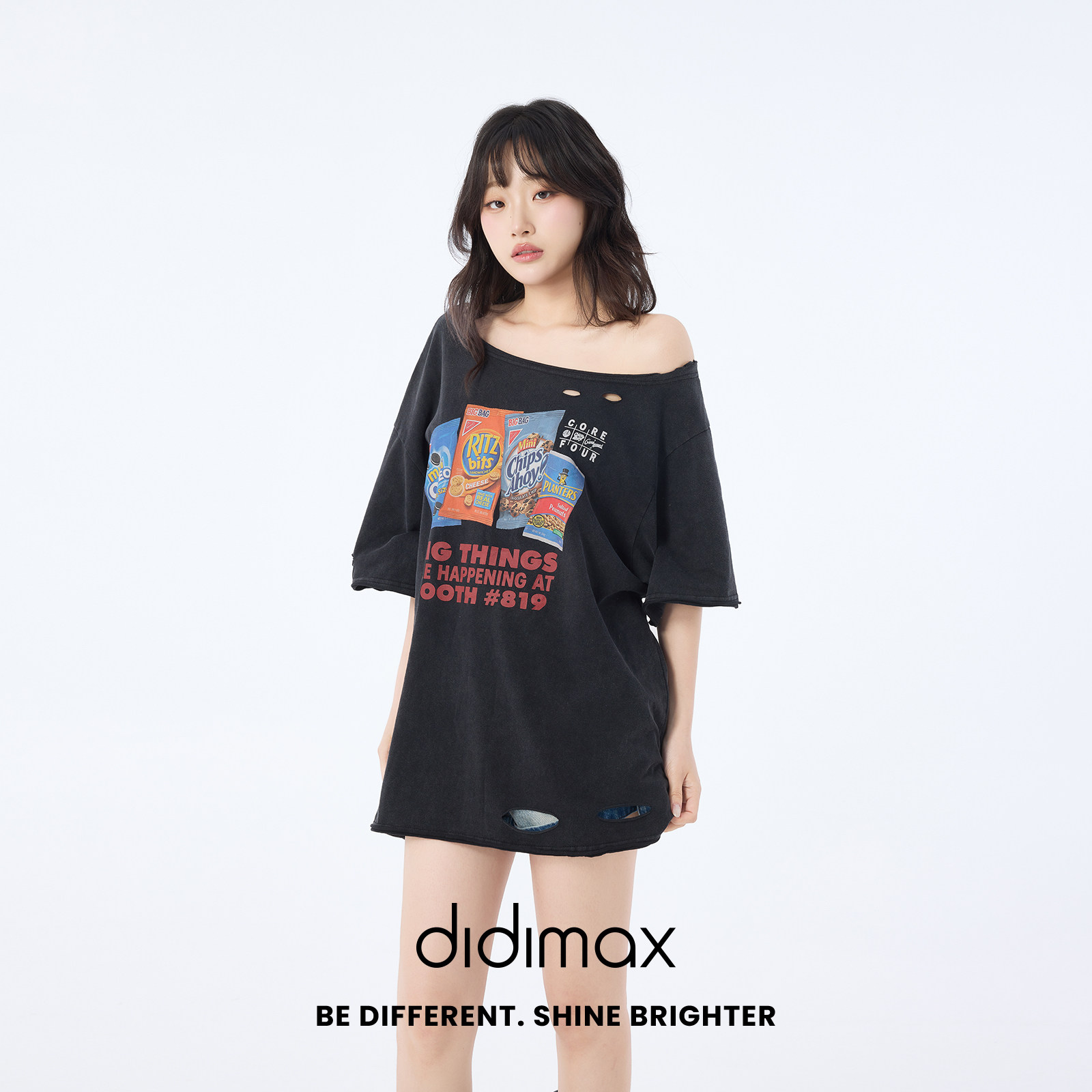 didimax夏季新款黑色宽松破洞落肩袖短袖T恤五分袖 街头风X09368