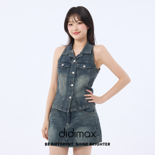 didimax夏季新款宽松牛仔马甲复古做旧 牛仔短裙两件套装X89444