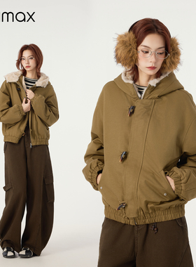 didimax冬季新款军绿色牛角扣毛绒厚外套 复古个性帽女W35881