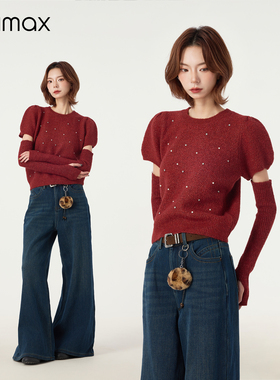 didimax冬季新款红色泡泡袖毛衣 闪钻针织点缀 针织衫长袖W26202