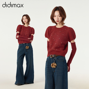 毛衣 红色泡泡袖 闪钻针织点缀 针织衫 W26202 didimax冬季 长袖 新款