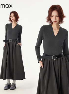 didimax冬季新款V领长袖修身连衣裙 A字裙大裙摆内搭长裙女W75741