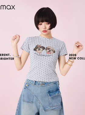 didimax春季新款灰色波点修身T恤 可爱风短袖圆领短上衣C07560