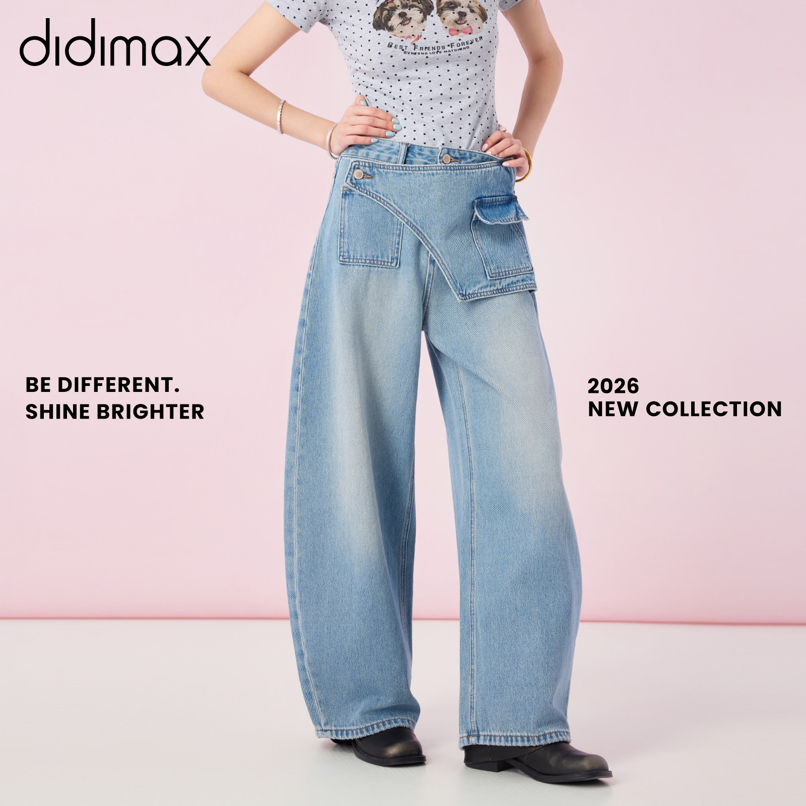 didimax春季新款阔腿牛仔裤 时尚百搭宽松口袋长裤独特设计C57720