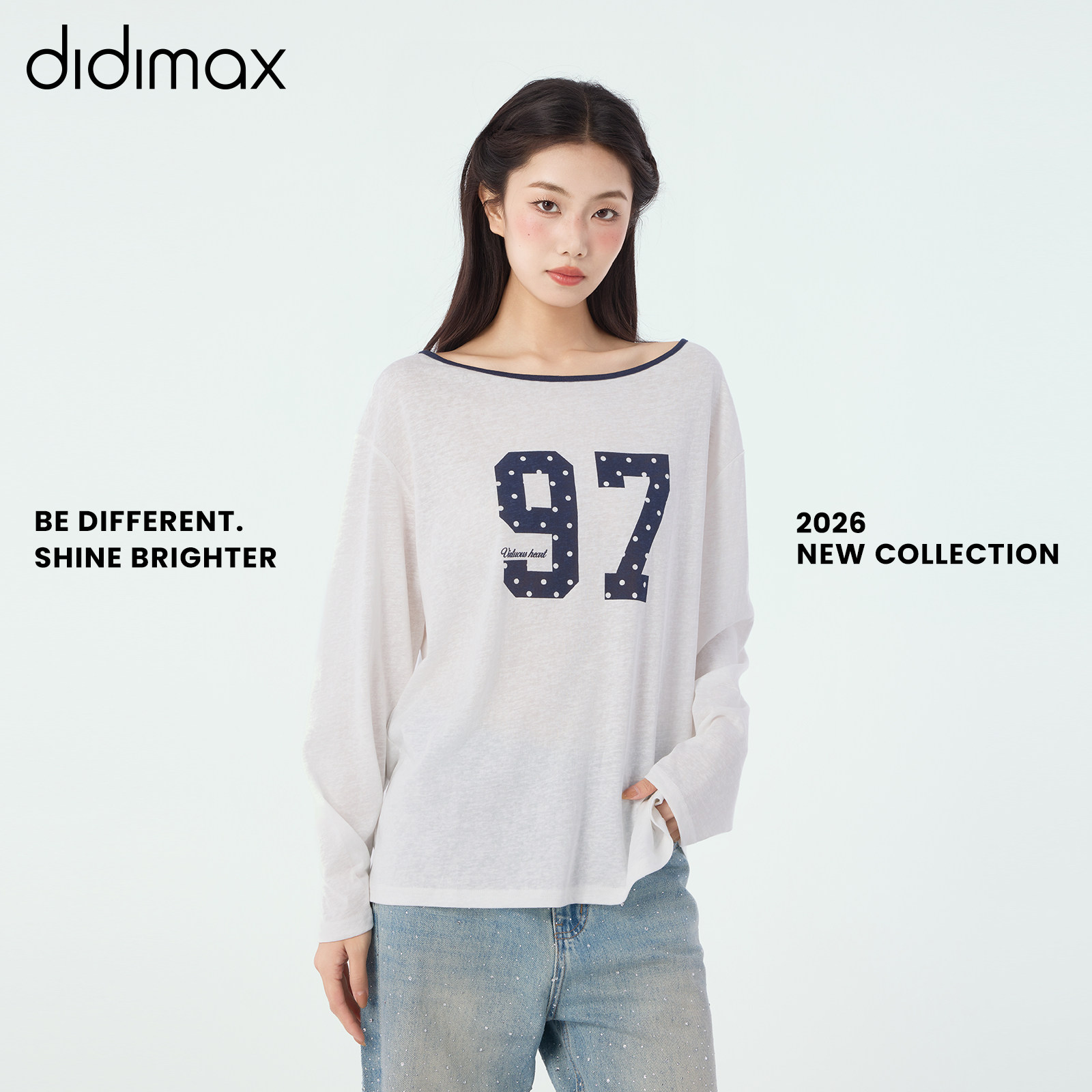 didimax夏季新款白色一字肩大领口 T恤圆领上衣宽松长袖X48289