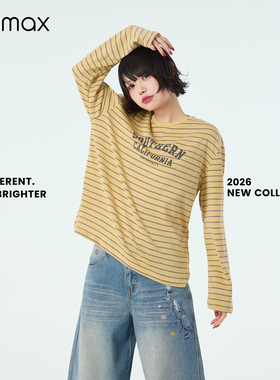 didimax春季新款黄棕条纹打底衫宽松休闲T恤衫长袖上衣女 C07245