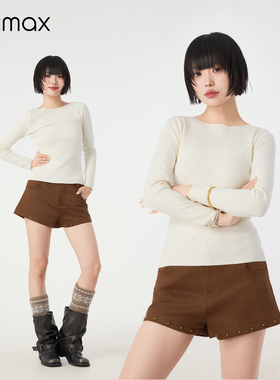 didimax冬季新款杏色毛织船领 烫钻针织衫打底 纯色内搭 W26582
