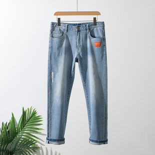 牛仔裤 出色水洗 柔软舒适休闲九分裤 春夏时尚 做旧磨白猫须 男士