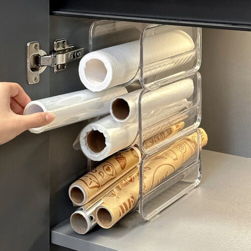 保鲜膜收纳神器厨房橱柜深柜内可叠加分层一次性抹布卷纸置物架子