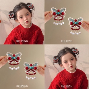 新年过年拜年儿童醒狮汉服发夹新中式中国风女童宝宝发卡春节发饰