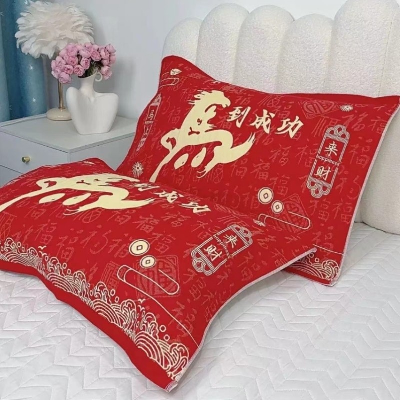 马年喜庆大红加厚八层纯棉纱布枕巾一对装高档卡通可爱全棉枕头巾