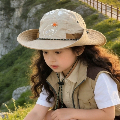 儿童登山帽女童春秋季遮阳防晒旅行露营男孩日系大檐户外渔夫帽子