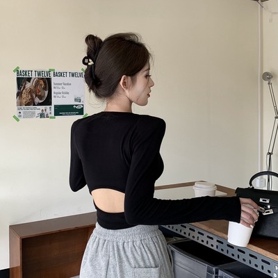 美式甜辣黑色爵士舞上衣女辣妹kpop跳舞jazz演出服装t恤露背装潮