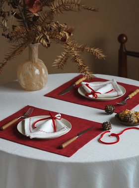 WOOKEN岁序拾光 提花棉麻餐垫新年圣诞节日氛围复古红绿绣花婚庆