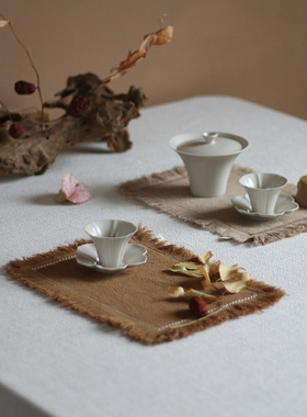 WOOKEN方寸之间 加大杯垫双层防烫茶席餐垫复古绣花毛边隔热侘寂