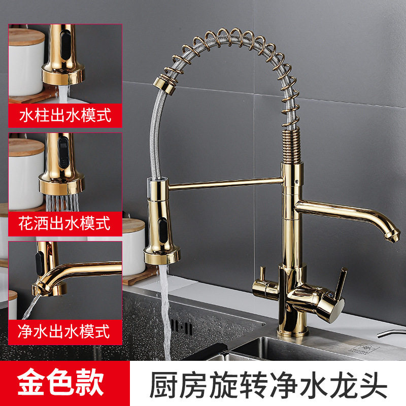 跨境全铜弹簧水龙头厨房水槽可旋转抽拉带净水三合一黑色金色龙头