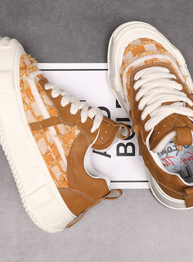 丑萌厚底低帮面包鞋男2025春季橙色帆布格子休闲百搭多巴胺板鞋潮