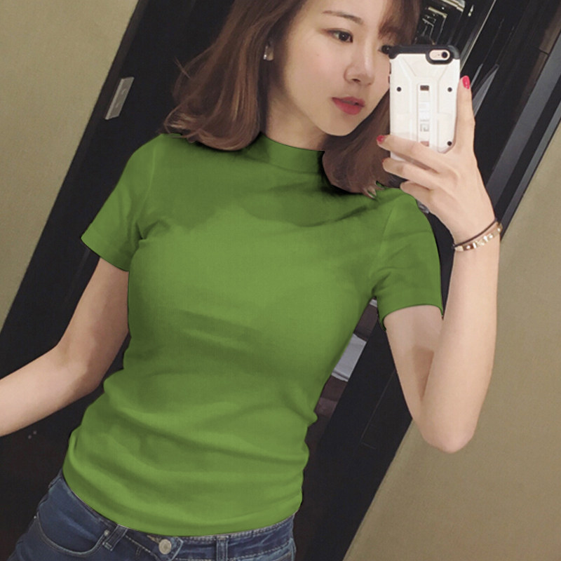 纯棉牛油果绿半高领短袖t恤女夏季绿色修身显瘦紧身半袖上衣ins潮