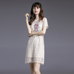 RM5805#欧洲站 夏季新款欧货洋气蕾丝镂空钩花卡通刺绣短袖套头连衣裙
