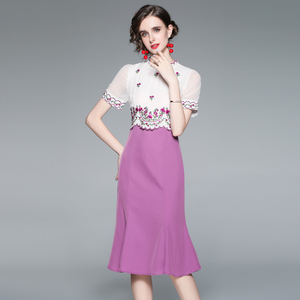 RM5806#夏女装高端轻奢法式精品垂感面料拼接鱼尾裙子重工艺刺绣连衣