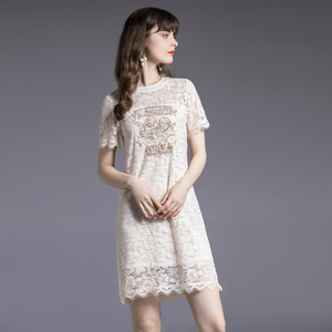 RM5804#欧洲站 新款女装气质蕾丝天使绣花中裙女宽松短袖连衣裙