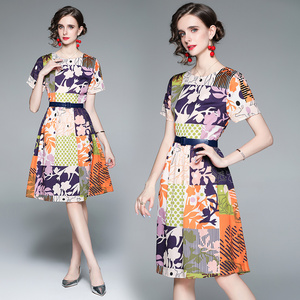 RM5807#欧洲站夏装 新款时尚印花连衣裙洋气收腰显瘦A字裙子