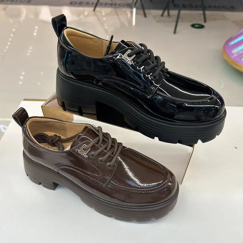 C.BANNER千百度2025秋正品圆头系带粗跟通勤乐福女单鞋A25463002