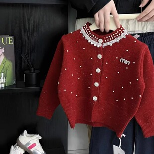 女童红色蝴蝶结毛衣2025秋冬韩版儿童新年款时尚洋气针织开衫大童