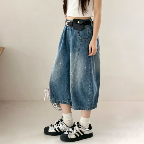 女童洋气烫钻牛仔裤2026夏季韩版儿童洋气百搭弯刀裤中大童休闲裤