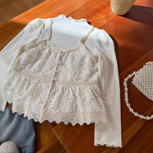 女童时尚长袖打底衫2025秋冬新款韩版儿童甜美蕾丝吊带背心套装