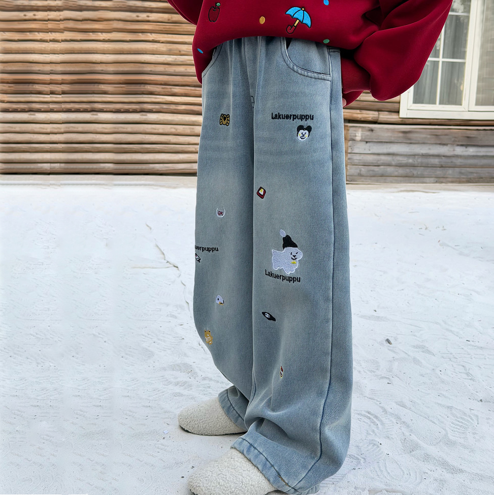 女童时尚加厚一体绒牛仔裤2025冬季新款韩版儿童洋气百搭休闲裤子