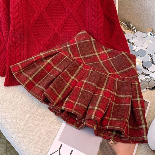 韩版女童百褶毛呢格子短裙半身裙