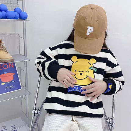 儿童一体绒加厚卫衣2025秋冬新韩版男女童亲子装加绒卡通条纹上衣