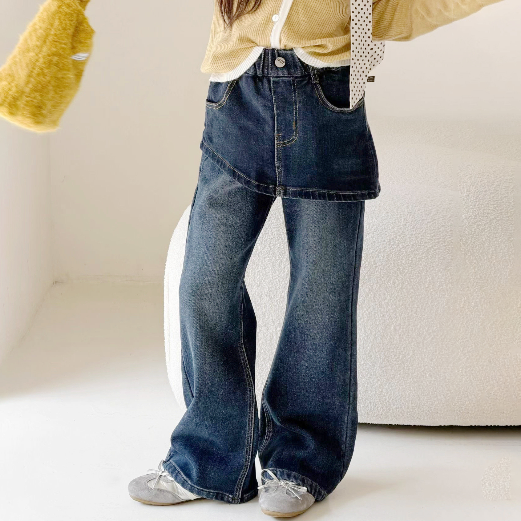 女童时尚一体绒牛仔裤假两件裙裤