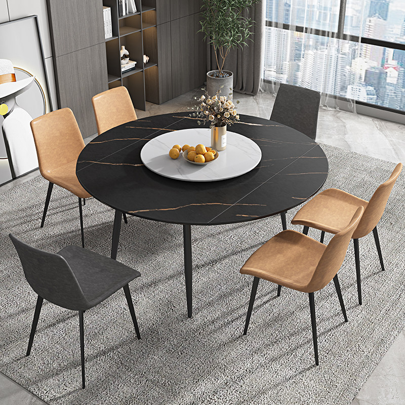 餐桌现代简约可伸缩岩板可变圆桌方形桌轻奢餐桌椅组合家用小户型