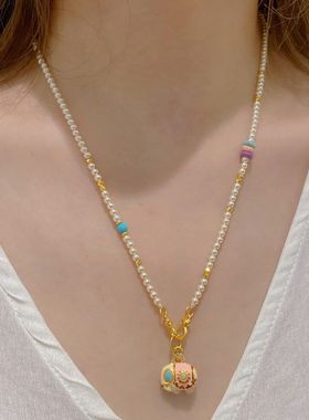 沙金小象吉祥珍珠项链不掉色女秋冬毛衣链高级感长款轻奢串珠饰品