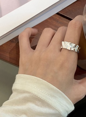 s925纯银不规则褶皱戒指女小众轻奢冷淡风简约个性开口可调节指环