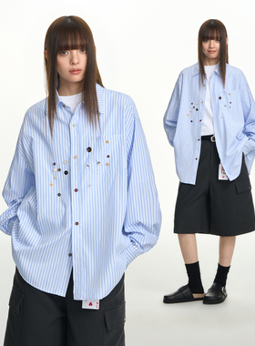 TGNS蓝色条纹长袖衬衫女春夏潮牌设计感宽松休闲衬衣薄外套男