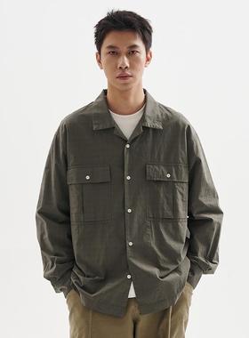 BUTTBILL 25SS立体袋古巴领休闲长袖衬衫通勤复古宽松衬衣外套男