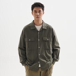 BUTTBILL 25SS立体袋古巴领休闲长袖衬衫通勤复古宽松衬衣外套男