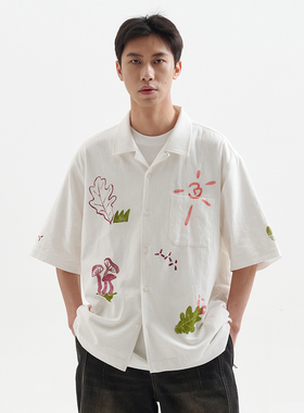 BUTTBILL 24SS复古森林的角落们印花古巴领短袖衬衫日系廓形衬衣