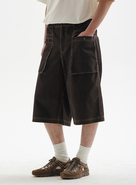 BUTTBILL 25SS日系复古夏季宽松七分裤城市游猎酵洗做旧短裤男女
