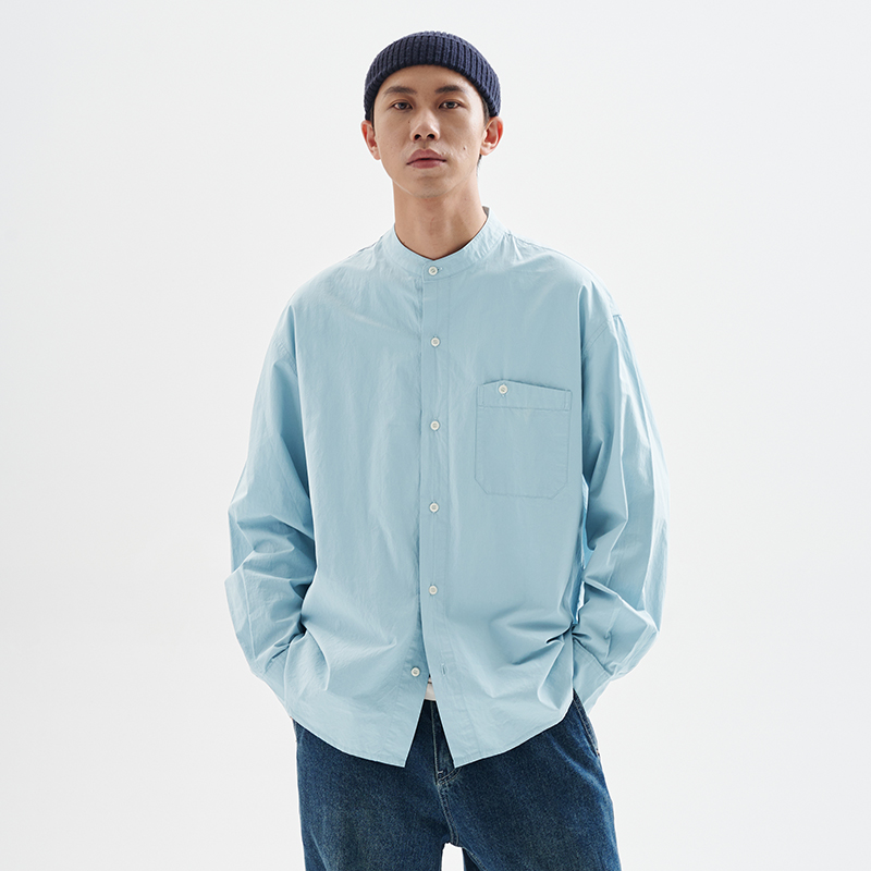 BUTTBILL 24AW日系复古宽松长袖廓形中线立领衬衣纯棉衬衫男外套