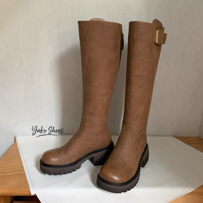 39#特！秋季商场牌！真皮轻奢复古皮带扣长筒靴～牛皮中跟骑士靴